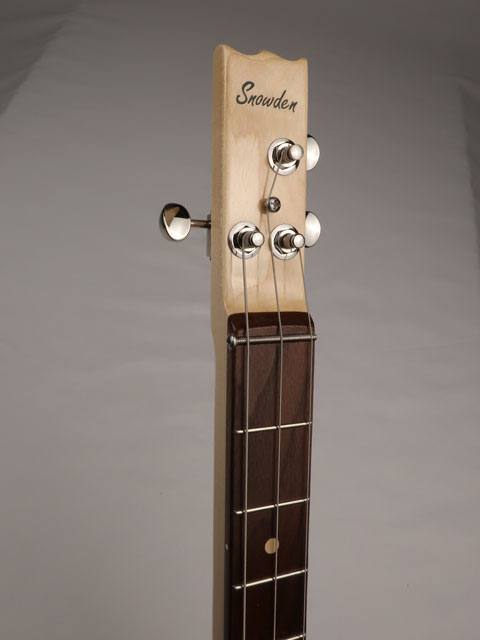Front view of a 3 string cigar box guitar neck and headstock handmade by Mike Snowden of Snowden Guitars.
