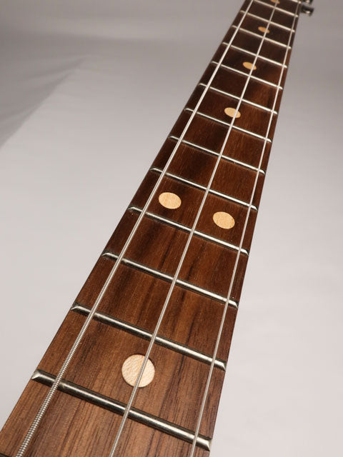 Front view of a 3 string cigar box guitar fret board neck. Handmade by Mike Snowden of Snowden Guitars.