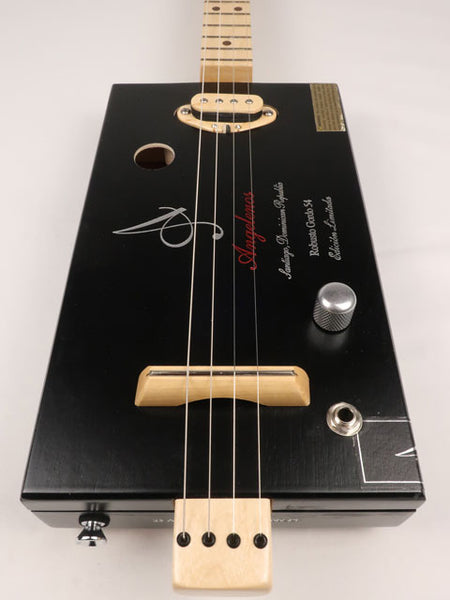 Front view of a 4 string  Angelenos cigar box guitar with a maple neck and single coil pickup handmade by Mike Snowden of Snowden Guitars.