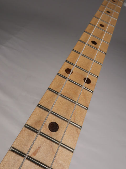 Front view of a 2 string cigar box guitar neck with maple wood and walnut inlay. Handmade by Mike Snowden of Snowden Guitars.