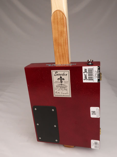 Back view  of a cigar box guitar made with a Sweet Jane cigar box. Handmade by Mike Snowden of Snowden Guitars.