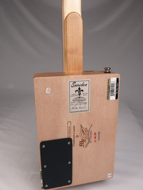 Back view of a 3 string cigar box guitar made with a Jaime Garcia cigar box. Handmade by Mike Snowden of Snowden Guitars.