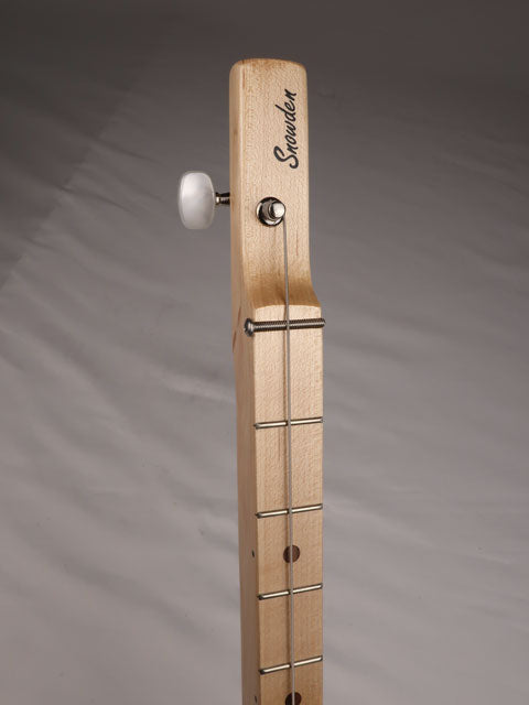 Front view of a one string cigar box guitar with a Snowden logo on the headstock. Handmade by Mike Snowden of Snowden Guitars.