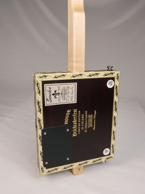 Back view of a one string diddly bow cigar box guitar cbg made with a Bricktoberfest cigar box. Handmade by Mike Snowden of Snowden Guitars.