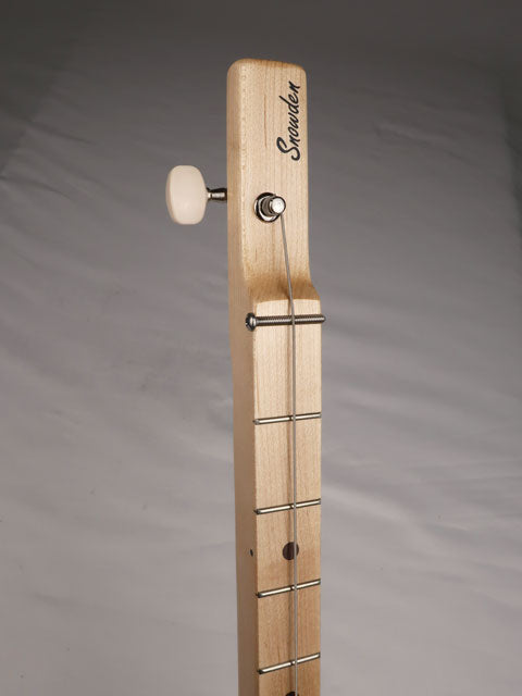 Front view of a one string cigar box guitar neck with Snowden Guitars logo on the headstock.