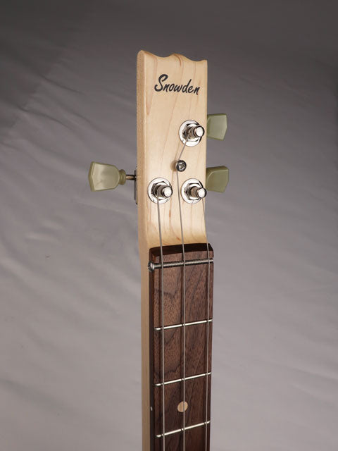 Front view of a cigar box guitar neck and headstock with a Snowden Guitars logo. Handmade by Mike Snowden of Snowden Guitars.