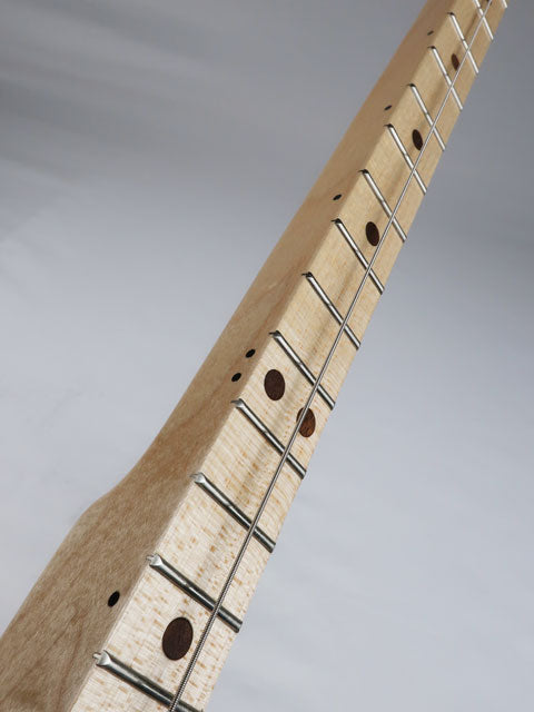 Front view of a one string cigar box guitar neck made from maple wood and walnut inlay. This cigar box guitar is handmade by Mike Snowden.
