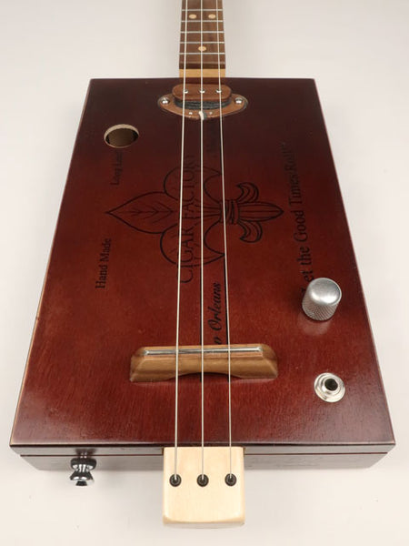 Front view cigar box guitar 3 string new cigar factory with single coil pickup. Handmade by Mike Snowden.