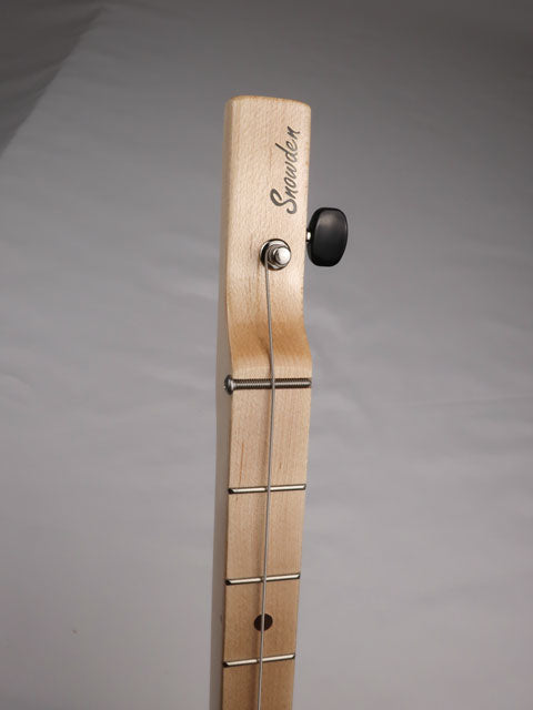Front view of a one string cigar box guitar headstock with a snowden guitars logo of the front.