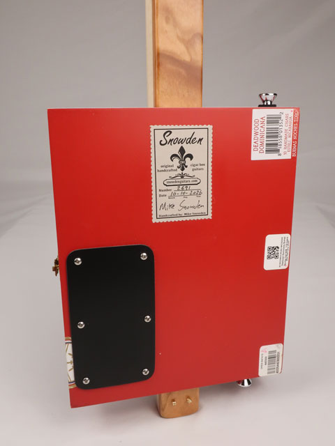 Back view of a 2 string cigar box guitar made with a Deadwood Dominicana cigar box. Handmade by Mike Snowden of Snowden Guitars in Marietta GA USA.