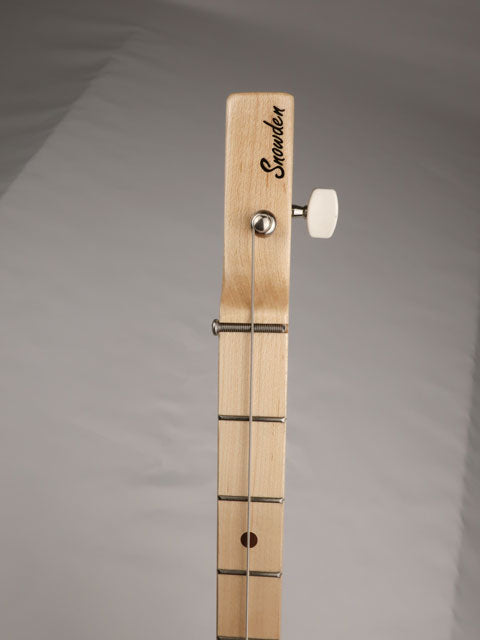 Front view of a one string cigar box guitar head stock diddly bow handmade by Mike Snowden of Snowden Guitars.
