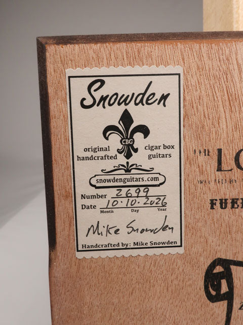 Back view of a cigar box guitar handmade by Mike Snowden of Snowden Guitars.