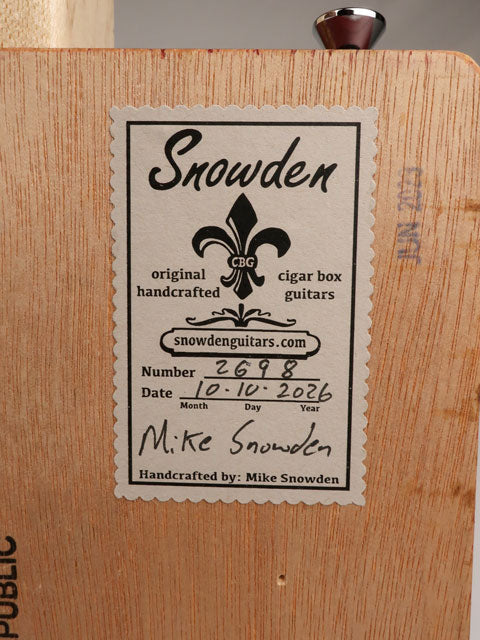 Back view of a cigar box guitar made by Mike Snowden of Snowden Guitars.