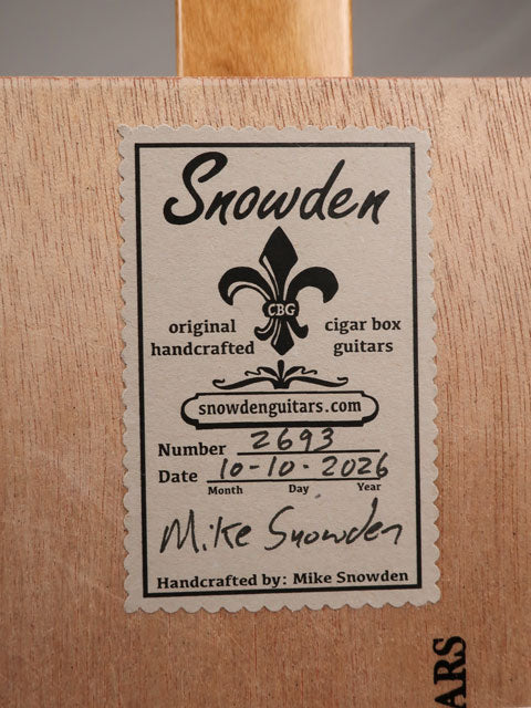 Back view of a cigar box guitar handmade by Mike Snowden of Snowden Guitars.
