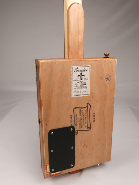 Back view of a 3 string cigar box guitar made with a A Fuente cigar box. This cigar box guitar is made by Mike Snowden of Snowden Guitars. 