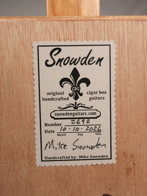 Back view of a 3 string cigar box guitar made with a A Fuente cigar box. This cigar box guitar is made by Mike Snowden of Snowden Guitars. 