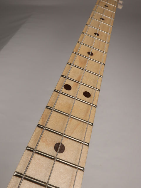 Front view of a 3 string cigar box guitar neck with maple and walnut inlay handmade by Mike Snowden of Snowden Guitars.