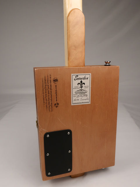 Back view of a 3 string cigar box guitar made with a Padron cigar box. Handmade by Mike Snowden of Snowden Guitars.
